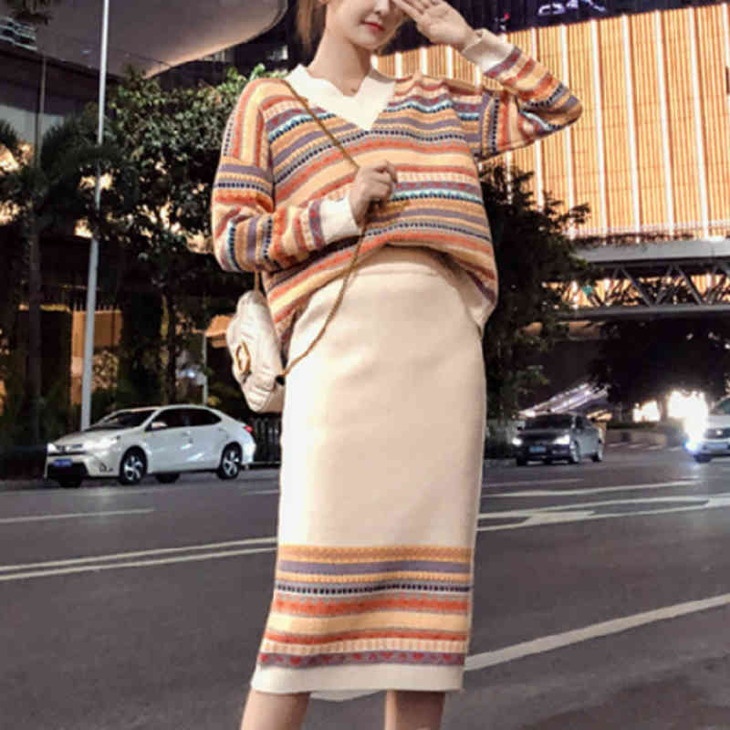 

Two Piece Dress Knitting Suit Women's Style for Autumn and Winter Young Retro Striped Loose Sweater Skirt Two-Piece Set KRHC, Navy