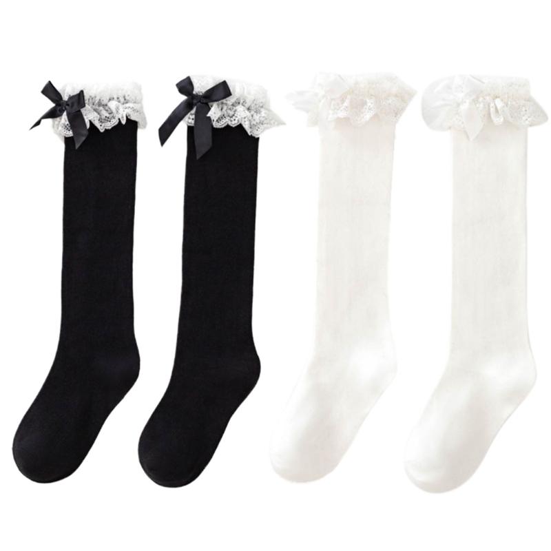 

Socks & Hosiery Japanese Women Lolita Frilly Lace Trim Knee High Sweet Bowknot Solid Color Kawaii School Girl Student Calf Stockings, Black;white