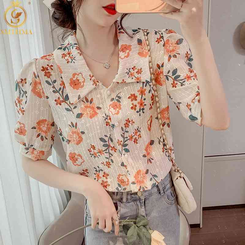 

Vintage Flower Embroidery Blouse Women Puff Short Sleeve Print Blusas Summer Fashion Shirt Feminino 210520, Photo color