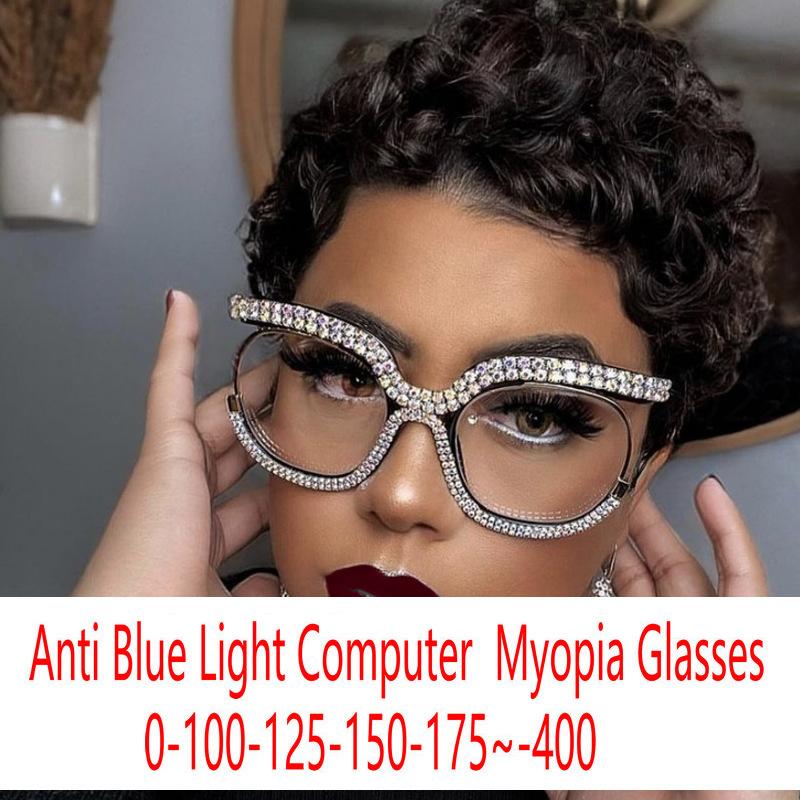 

Sunglasses Vintage Oversized Crystal Myopia Glasses Brand Design Clear Blue Light Blocking Women Eyeglasses Degree FML, White;black