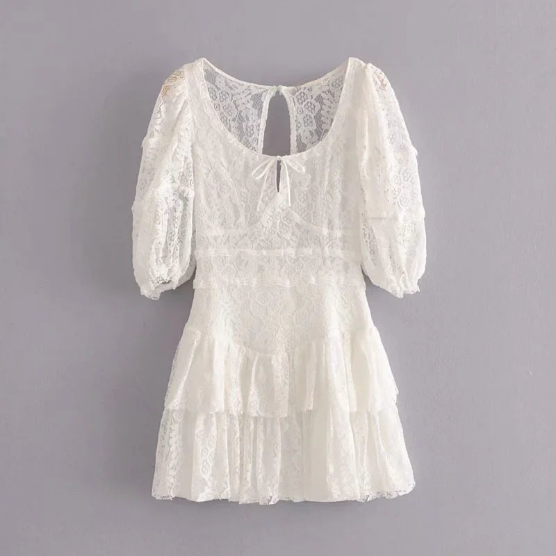 

Stylish Chic Openwork Floral Embroidery Ruffles Mini Dress Women Sexy Fashion Backless Button With Lining Hollow Out Dresses 210520, As pic