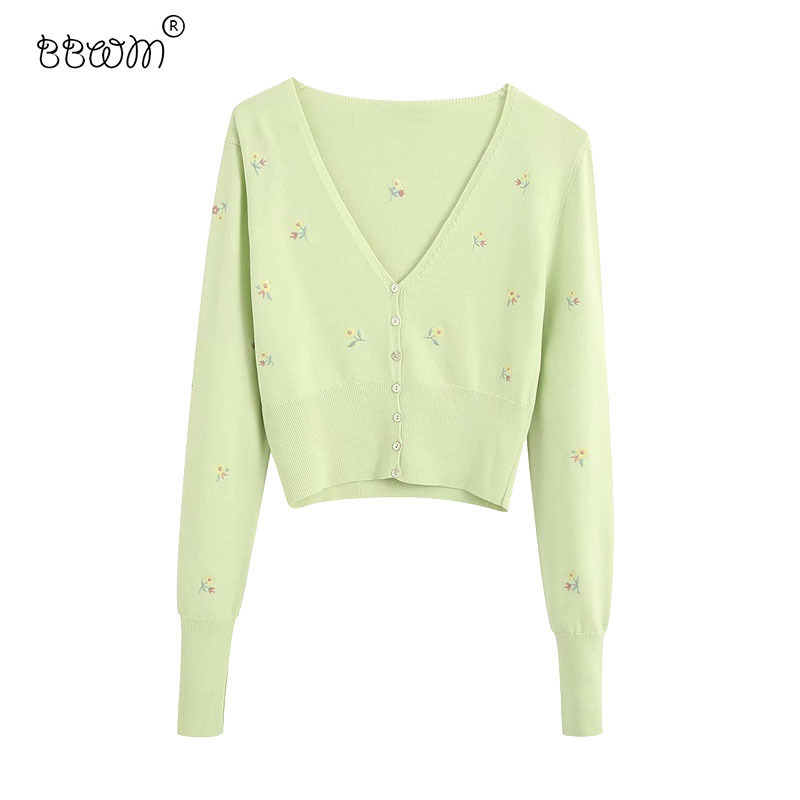 

Women Sweet Fashion Floral Embroidery Cardigan Vintage Long Sleeve Single Breasted Sweaters Girls Chic Jumpers 210520, Green