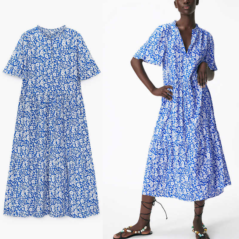 

ZA Floral Print Oversized Long Dress Women Short Sleeve Ruffle Blue Summer Dresses Woman Chic Loose Pleated Elegant Dress 210602