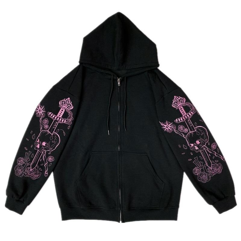 

Women's Hoodies & Sweatshirts Women Punk Graphic Print Zipper Ribbon Hooded Hoodie Vintage Black Oversize Coat Sweatshirt 90s Streetwear Jac