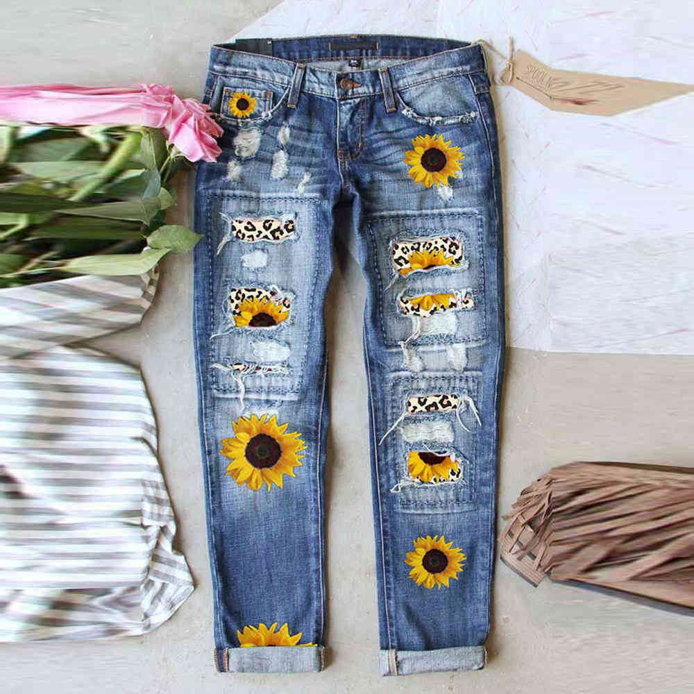 

jeans women's sunflower print slim cropped straight 781996, Blue