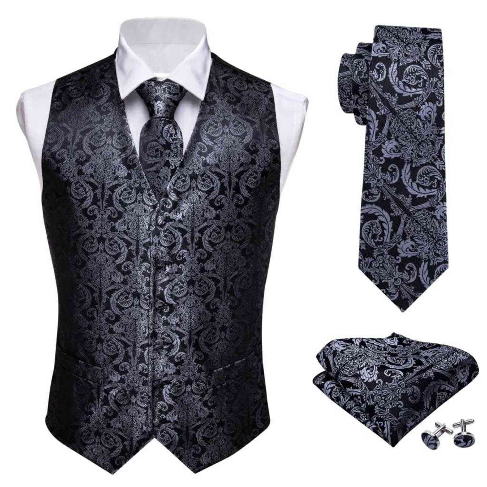 

Designer Mens Classic Black Paisley Jacquard Folral Silk Waistcoat Vests Handkerchief Tie Vest Suit Pocket Square Set Barry.Wang 211111, Mj-2023