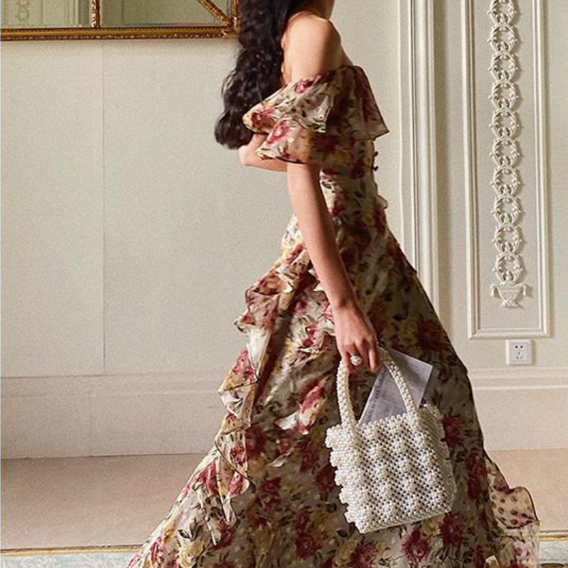 

French Elegant Vintage Dress Women Floral Floor-Length Beach Dress Sexy Wedding Party Long Dress Female Korea Style 2021 Summer, Picture