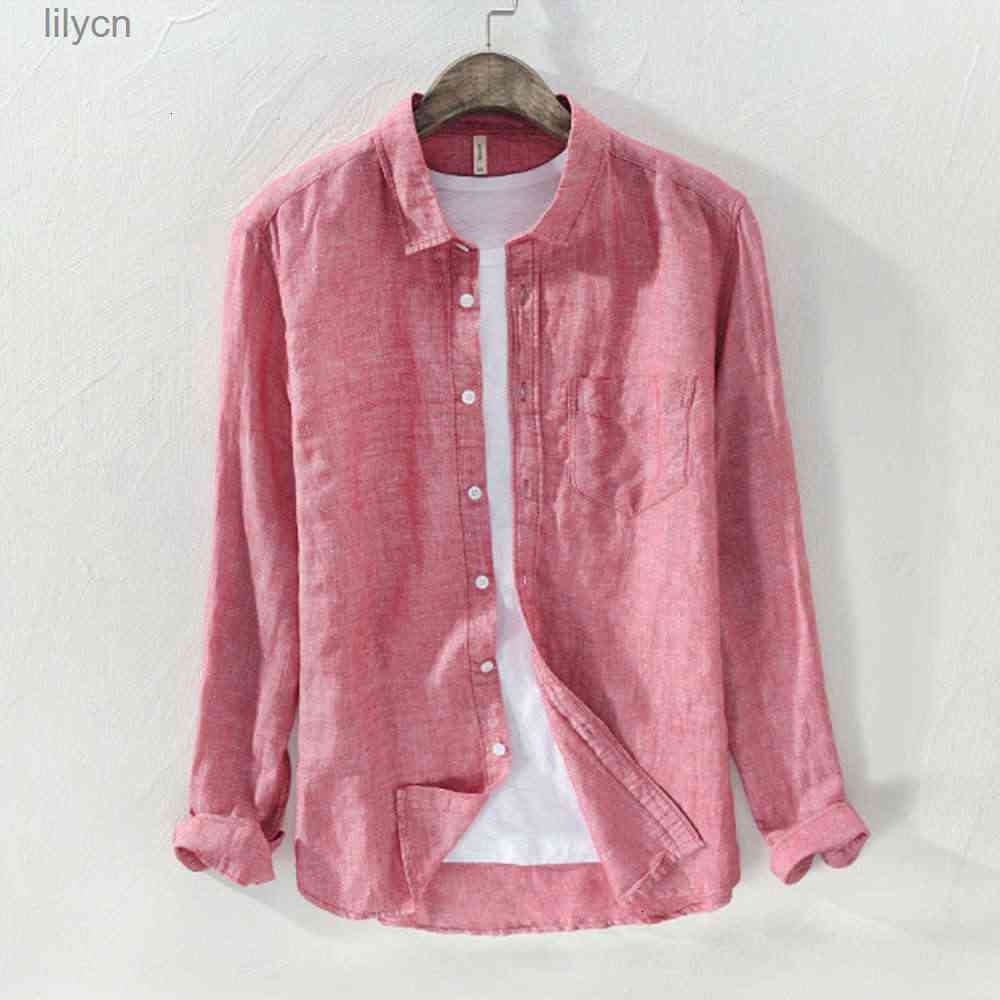 

High quality style mens long sleeve linen shirts casual solid color lapel cotton fashion slim tops, Sky blue