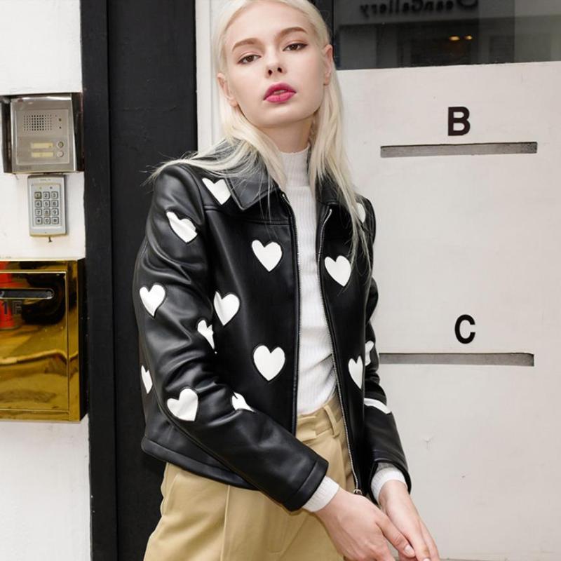 

Women's Leather & Faux Contrast Color Love Women PU Jackets Coats 2021 Autumn Fashion Zipper Female Casual Tops Gx1133, Black