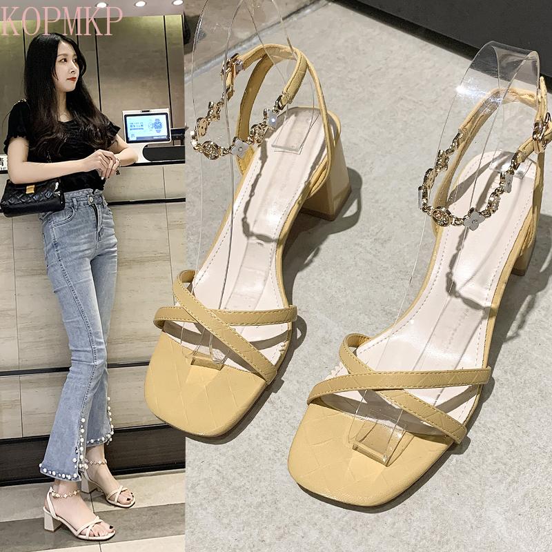 

Sandals Women Gladiator Buckle Strap Chunky Heels Patent Leather Sexy Fashion Stiletto Zapatillas Mujer Casa Sapatos Femininos, Black