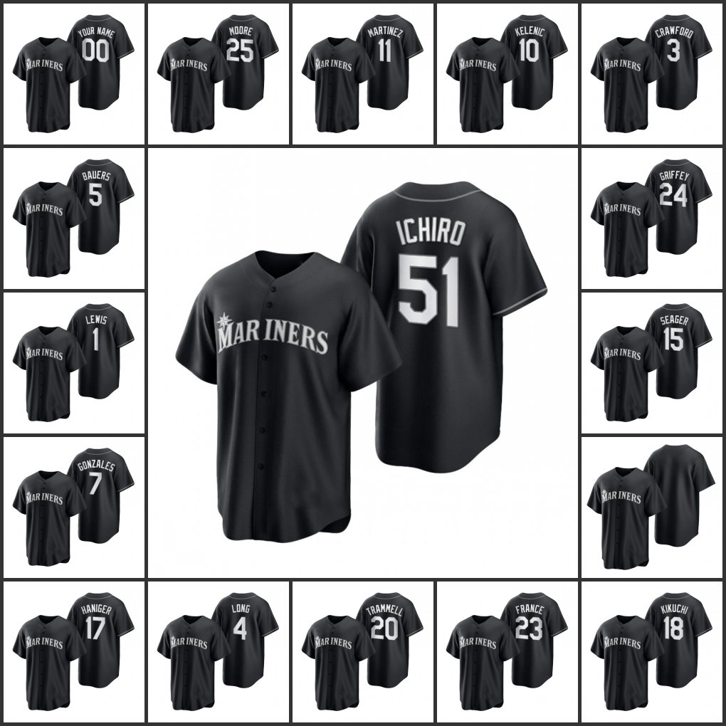 

SeattleMariners Men Women Youth #18 Yusei Kikuchi 51 Ichiro Suzuki 24 Ken Griffey Jr. 17 Mitch Haniger Custom Black White All Black FashionReplicaJersey