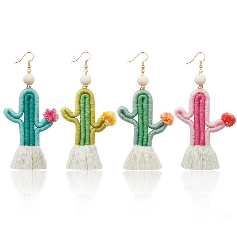 

Dangle & Chandelier Cotton Thready Wrapped Cactus Earrings For Women Fashion Desert Natural Wood Bead Pom Wholesale