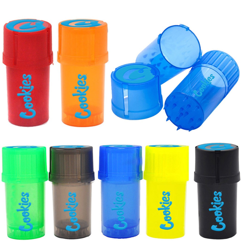 

90mm Height Cookies Plastic Tobacco Grinder 3 Parts 2 In 1 Dry Herb Crusher Spice 46mm Diameter 2in1 With Storage Bottles Jars Container