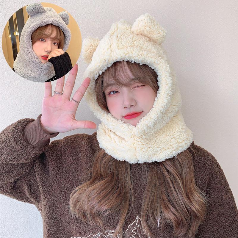 

Beanie/Skull Caps Ins Winter Cute Selling Bear Ears Warm Hat Windproof Neck Scarf Cap Student Women Plus Cashmere
