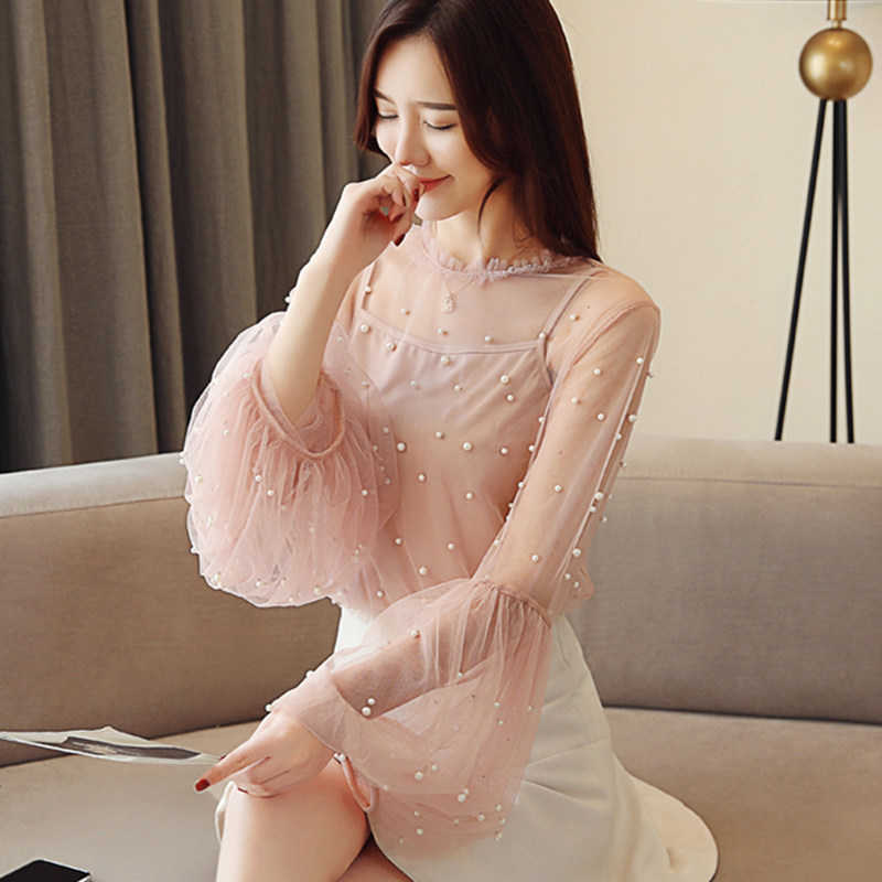 

Korean Women Blouses Shirt Woman Beading Lantern Sleeve Shirts Tops Plus Size Lace Hollow Out Blouse 210604, Pink