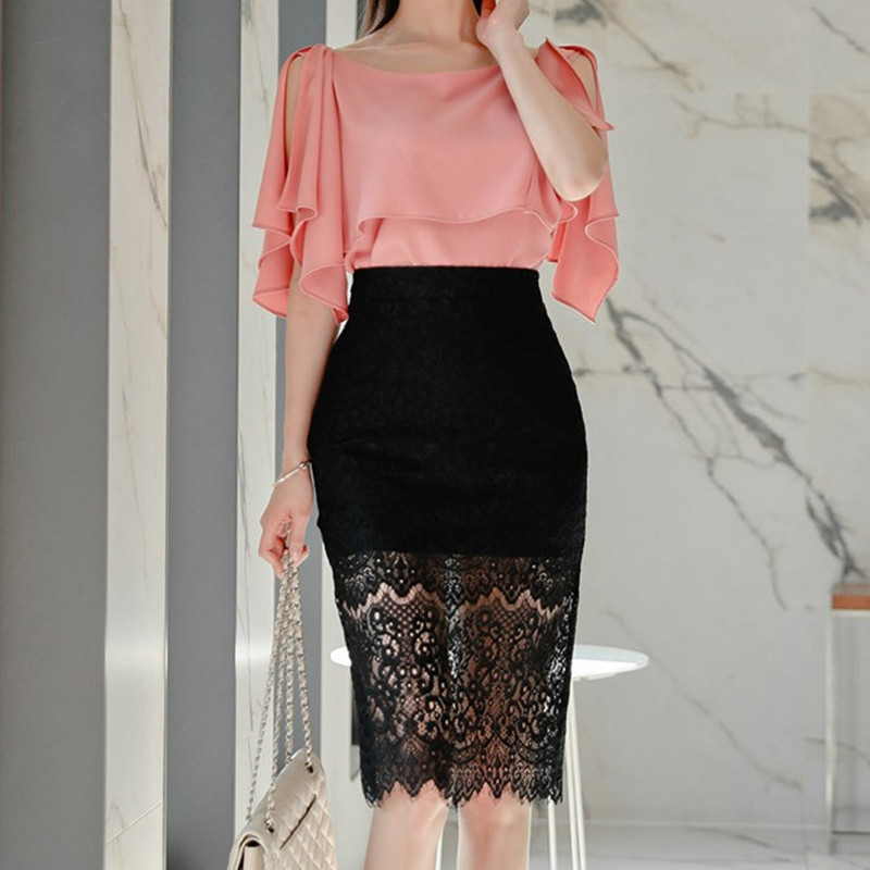 

ZAWF Office Lady 2 Two Piece Set Women Hollow Out Lace Patchwork Blouse Shirt + Black Ruffles Mini Pencil Skirts 210525, Suit