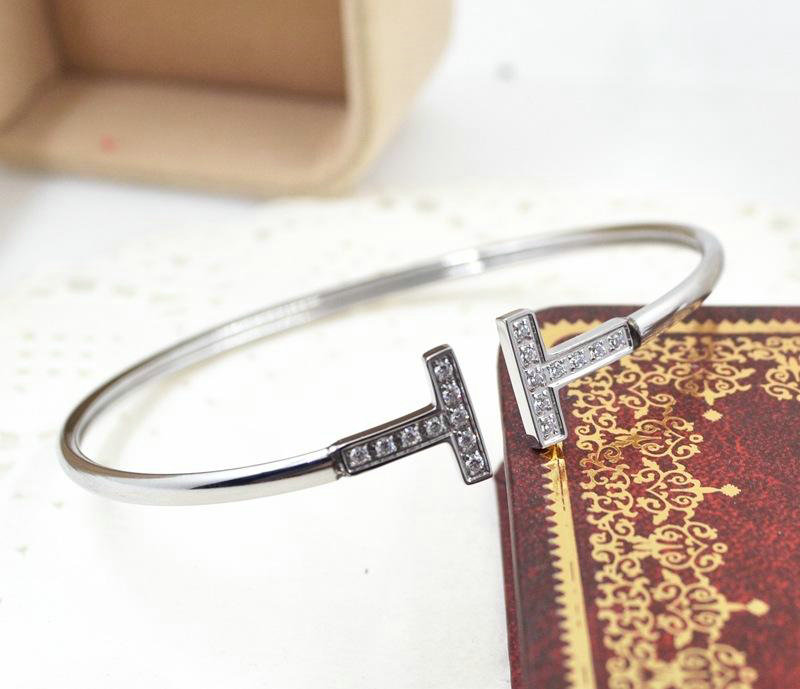 

Stainless Steel silver Cuff bangle microscope zircon 18 k gold plated double T letter opening bracelet bangle for women fashion jewelry, White