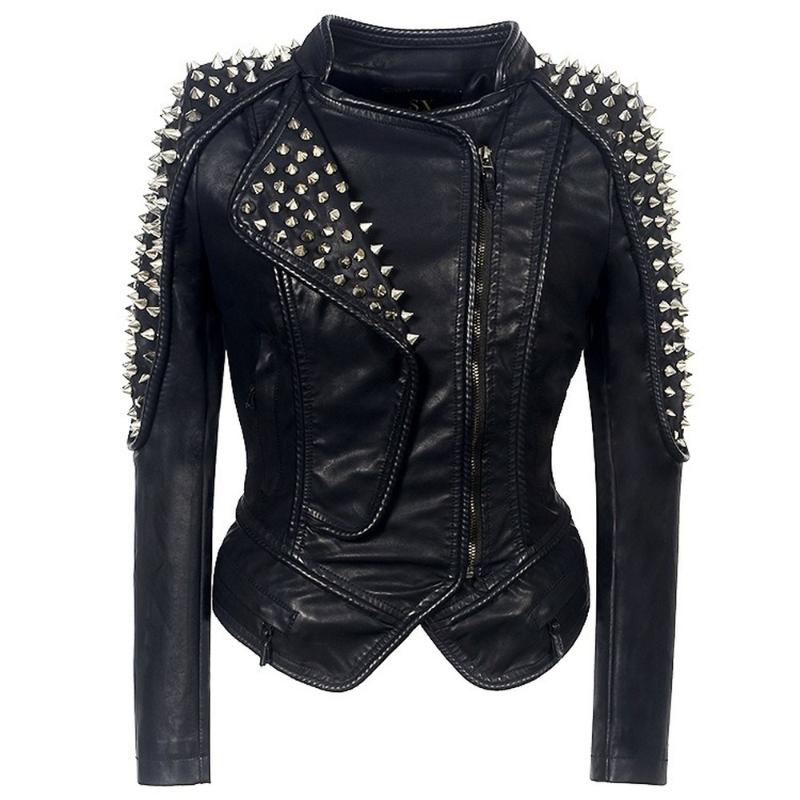 

Women' Leather & Faux -6XL Womens Biker Jacket Waist Lapel Collar Multi-Zip Shrug Studded Rivet Punk Motorcycle Outwear Black Plus Size