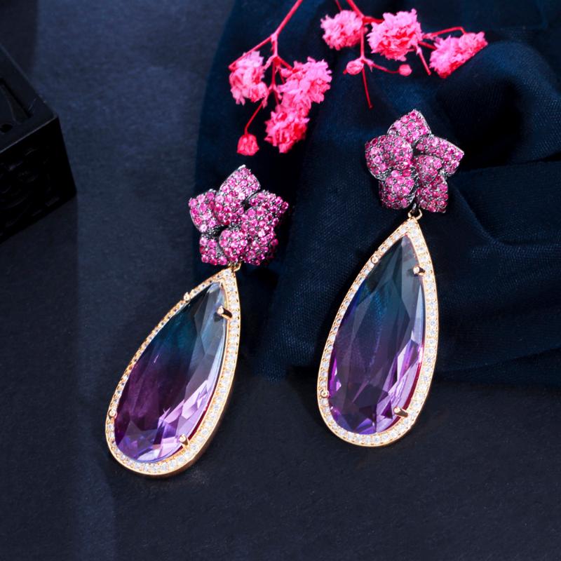 

Dangle & Chandelier ThreeGraces Elegant Rainbow Cubic Zirconia Flower Shape Big Drop Earrings For Women Wedding Party Costume Jewelry ER683, Silver