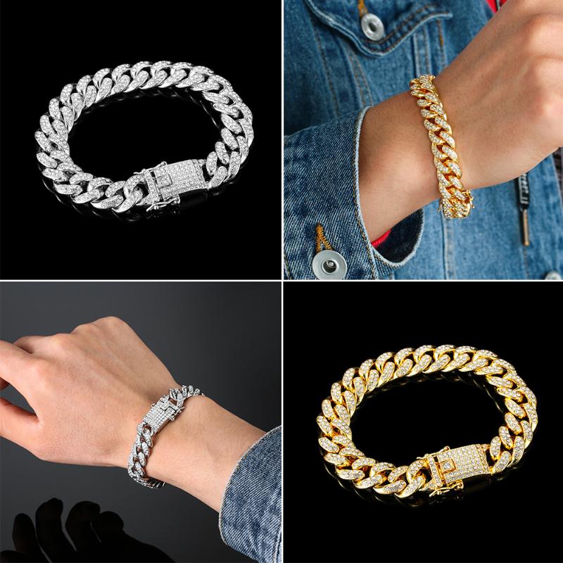 

Link Bracelets Chain 12mm Width Luxury Shiny Diamond Fashion Bracelet Hip Hop Inlaid RhinestoneLink
