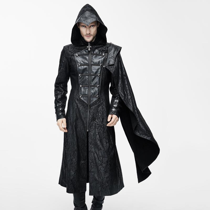 

Men' Fur & Faux Devil Fashion Men Gothic Vintage Hooded Long Coat Punk Leather Handsome Detachable Shawls Black Cloak Outwear