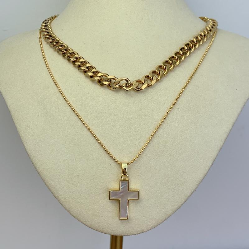 

Pendant Necklaces Stainless Steel Gold Cuban Chain Choker Classic Cross Necklace For Women 2021 Multi Layered Natural Pearl Shell Jewelry