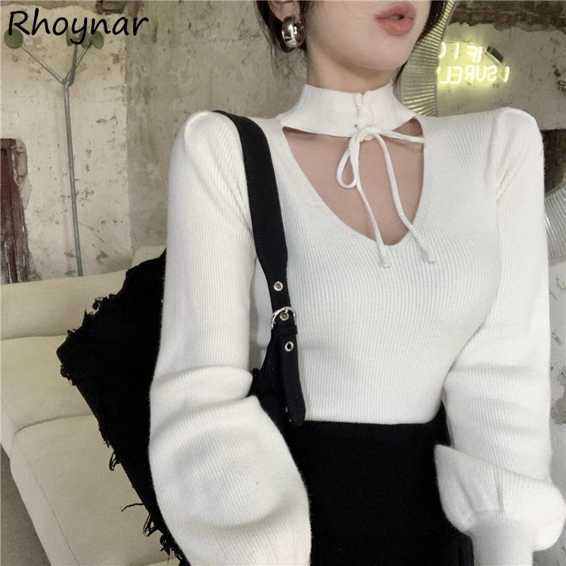 

Women's Sweaters Pullovers Women Lace-up Sexy V-neck Cropped Casual Party Slim Knitwear Y2k Sweater Feminino Design Autumn Elegant All-match, White;black