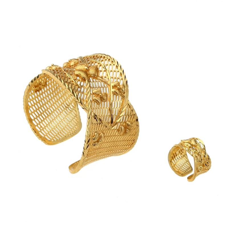

Earrings & Necklace Ethiopian Habesha Bridal Wedding Gold Color Flower Openable Bangles Adjustable Ring Jewelry Set For Women, Silver