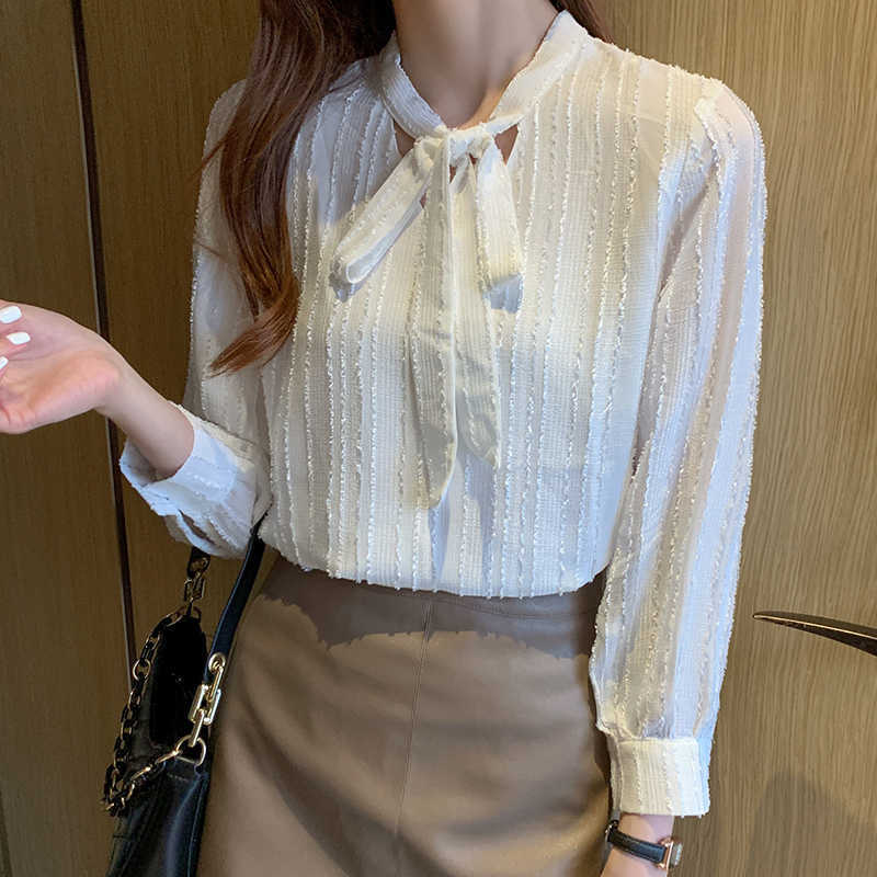 

Spring Korean Version of Wild Bow Tie Collar Lantern Sleeve Long Shirt Blouse Top 210604, White