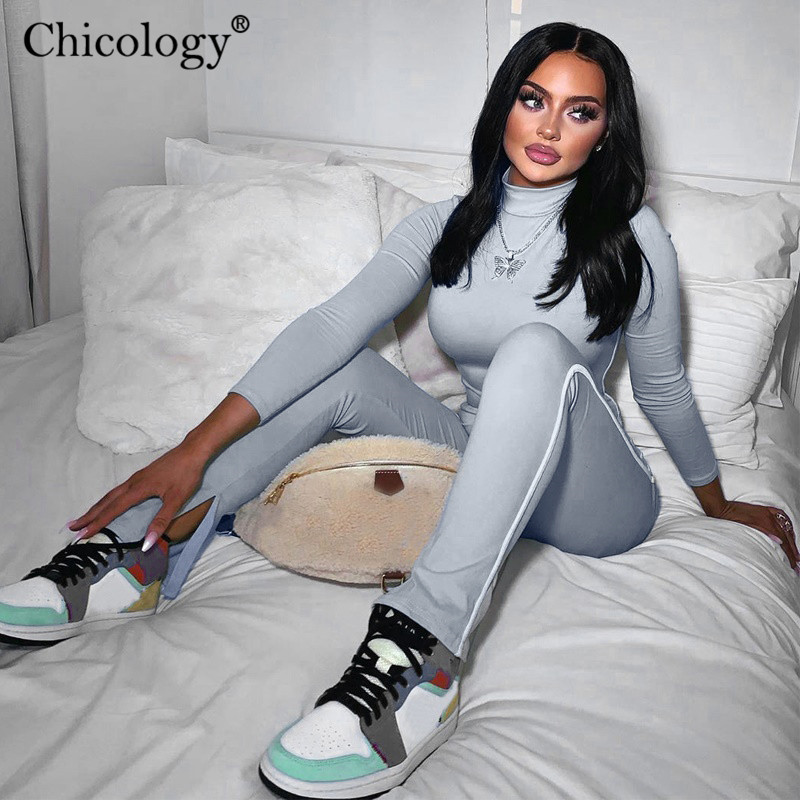 

Chicology side stripe fashion jumpsuit long sleeve women 2021 autumn winter clothes bodycon sporting female elegant streetwear, Black