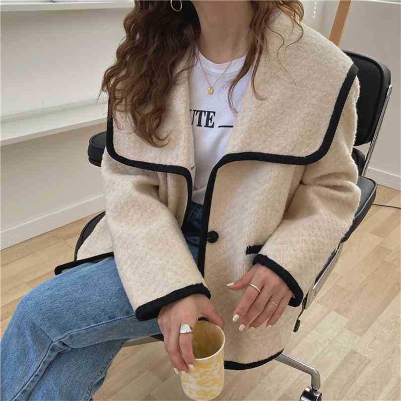 

Korean Coat Jacket Office Lady Women Loose Elegant Gentle Outwear Casual Chic Sailor Collar Short Tops 210525, White