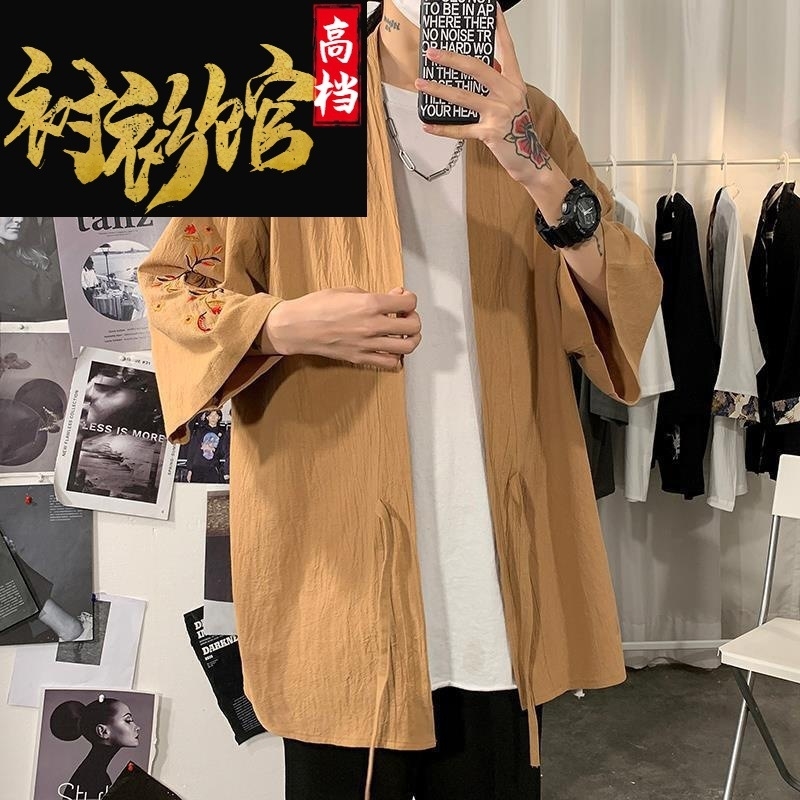 Red envelope antique cotton hemp Hanfu men&#039;s summer loose large size 7 / 4 sleeve shirt style-image-707106767