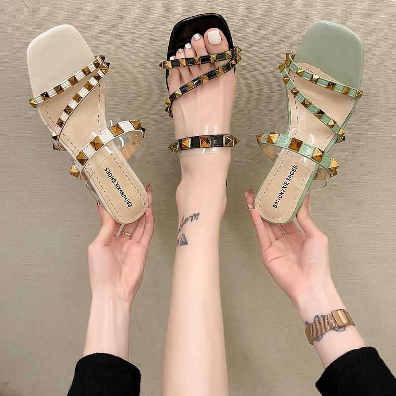 

Shoes Woman's Slippers Slides Med Fashion Rivet Jelly Flip Flops 2021 Luxury Glitter Soft Summer Hoof Heels Casual PU Rome Rubbe, Black