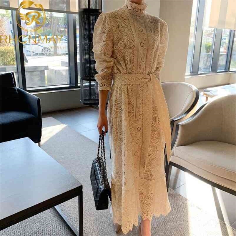 

Runway Fashion Spring Lace Retro Korean Maxi Dress Elegant Full Sleeves For Women Casual Ladies Dresses Woman Party Night 210520, Beige