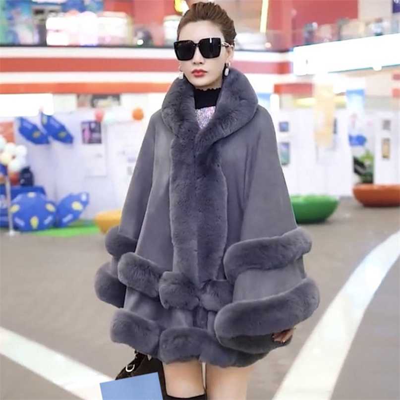 

Double Layer Luxury Rex Rabbit Fur Cape Coat Hooded Shawl Winter Women Knit Cashmere Poncho Overcoat Faux Fur Wraps Plus Size 211018, Gray