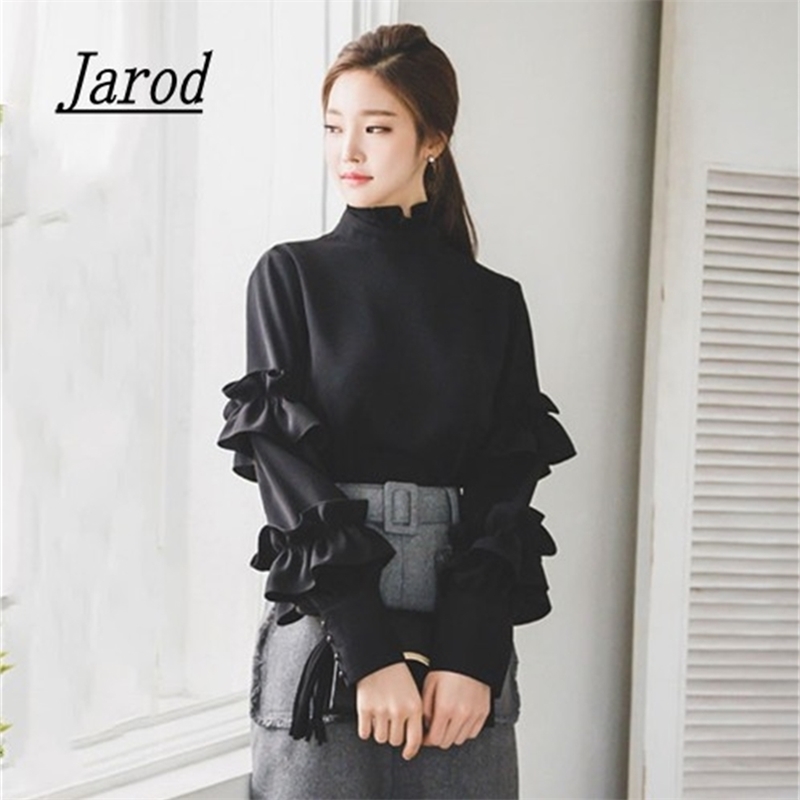 

Spring Autumn Women Blouse Ladies black Office Work Wear Fashion Elegant Ruffles Long Sleeve Shirt 210519