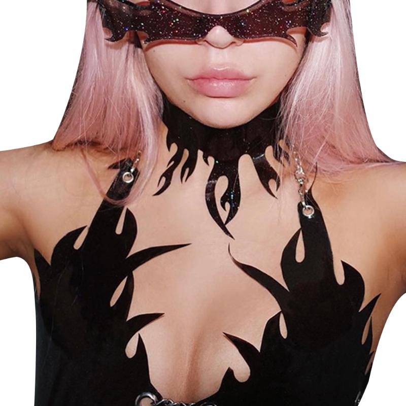 

Women's Tanks & Camis Women Sexy Black PU Leather Strappy Crop Top Chain Halter Bandeau Party Nightclub Rave Outfits