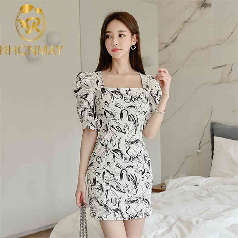 

Summer Korean Puff Sleeve Office OL Mini Dress Fashion Women Printing Bodycon Slim Sheath Work Square Collar 210520, Picture color