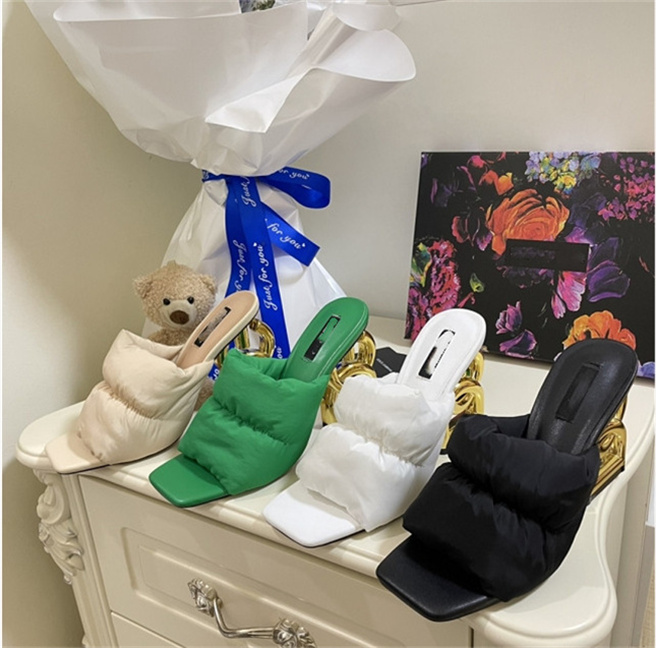 

2022 winter women's high-heeled slippers down material warm fashion letter heel design multicolor women shoes sizes 35-42, Blue