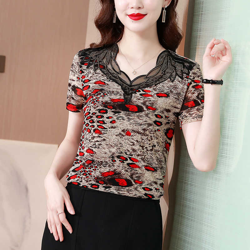 

Women Blouses V-Neck Woman Tops Lace Spliced Bottoming Shirt OL Stretch 's T-shirt s and 210604, Red