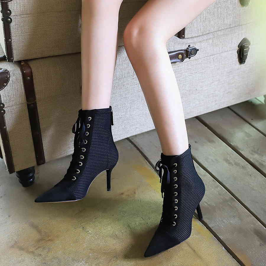 

boots European and American Style Sexy Nightclub Slimming Thin Heeled High Heel Suede Pointed Cross Strap Fashion Lace-up Ankle Boots, Black
