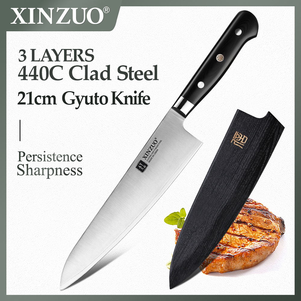 

XINZUO 210mm Chef Knife 3 ayer 440C Core Cad Stee Kitchen Knives Stainess Stee Sharp Butchers Gyutou Knife with G10 Hande