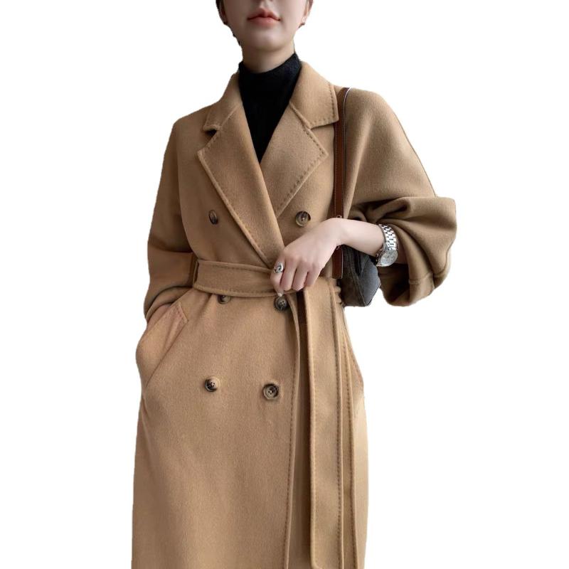 

Women's Wool & Blends Autumn Winter 101801 Double Breasted Belt Double-Faced Woolen Goods Cashmere Mid-Length Coat For Women, Black