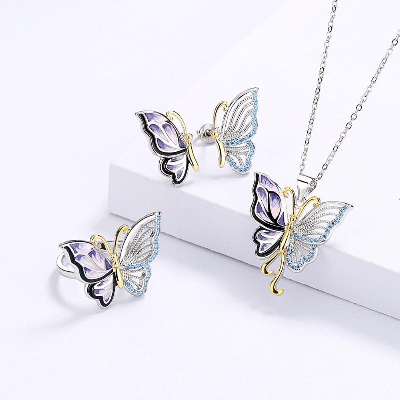 

Earrings & Necklace Butterfly Jewelry Set,Ethereal Elegant Rings And Stud Sets 925 Silver Handmade Enamel Flower