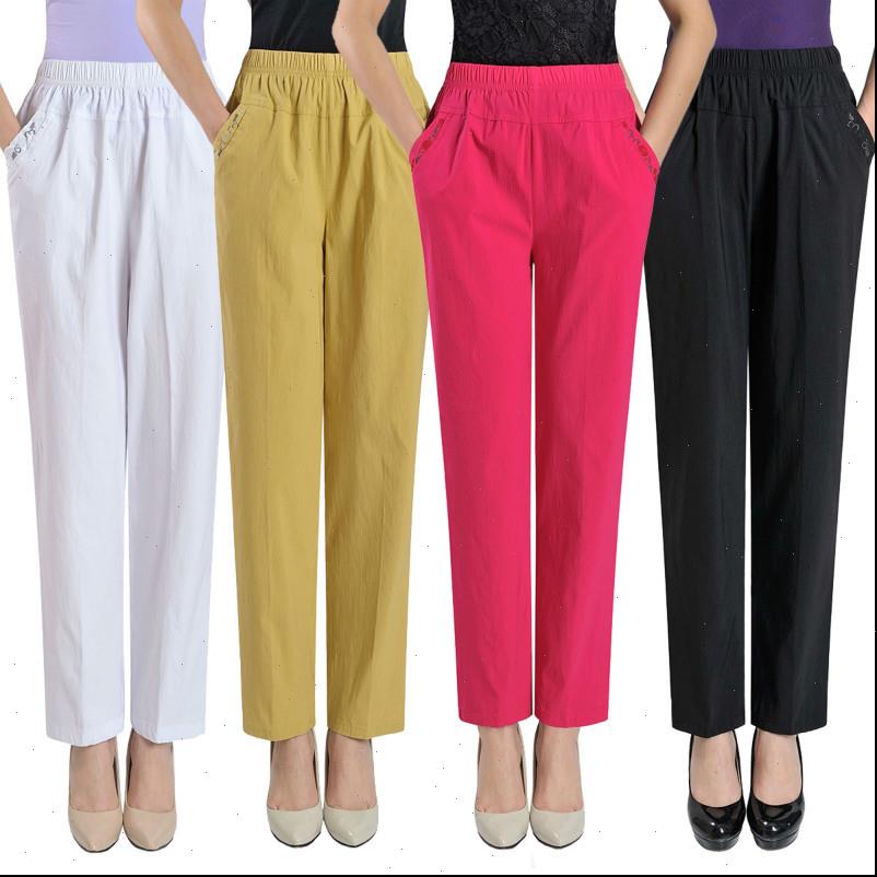 

middle women capris aged casual straight pants female loose elegant spring summer elastic waist solid color plus size 4xl, Black;white