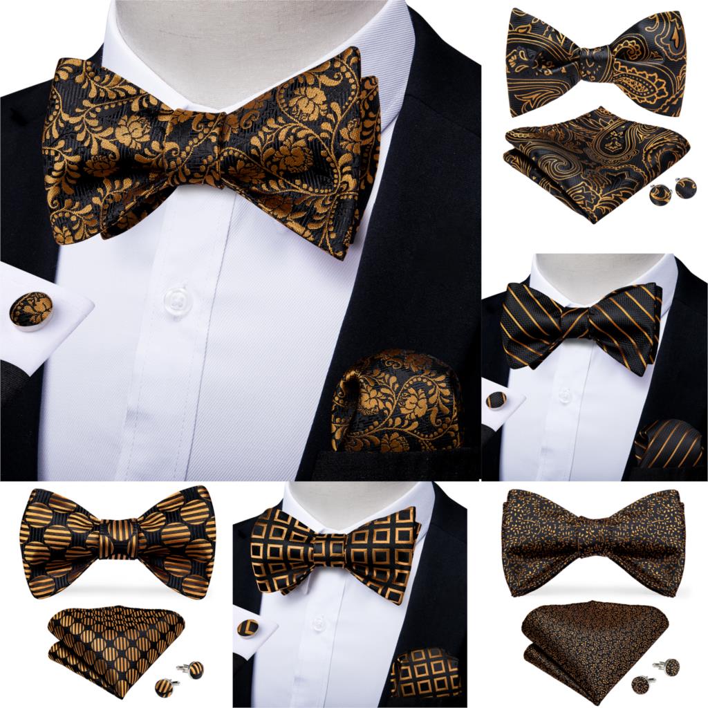 

Men Fashion Gold Black Bowtie Self Tie Bow Tie Men Formal Dress Wedding Bowtie Set Pocket Square Cufflinks Men Gift DiBanGu