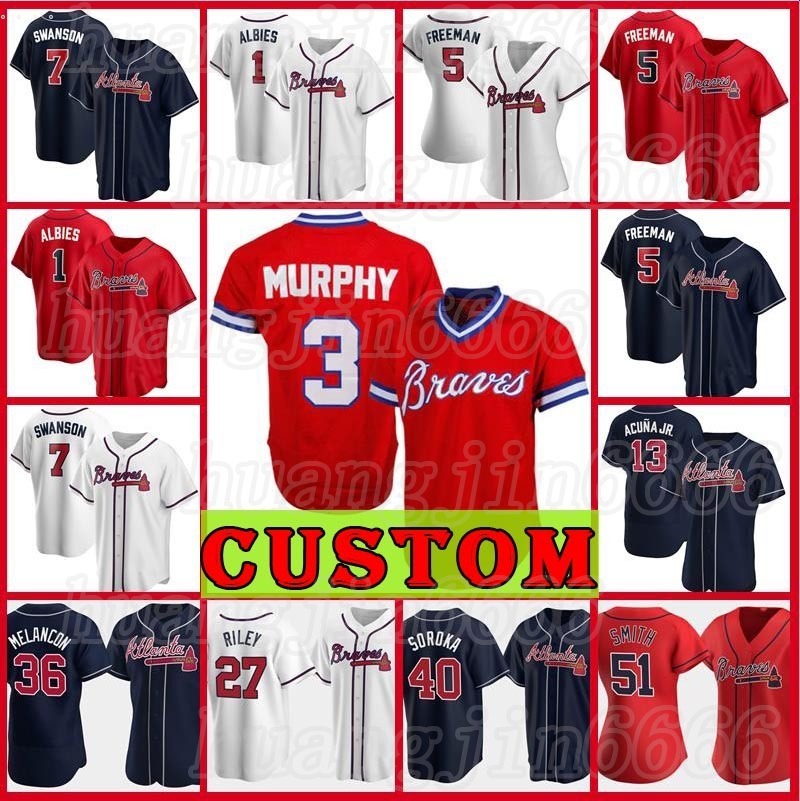 

Brave Baseball jerseys 7 Dansby Swanson Custom Atlanta Men Women 13 Ronald Acuna Jr Freddie Freeman 24 Deion Sanders Chipper Jones Melancon 21/22, Blue;black