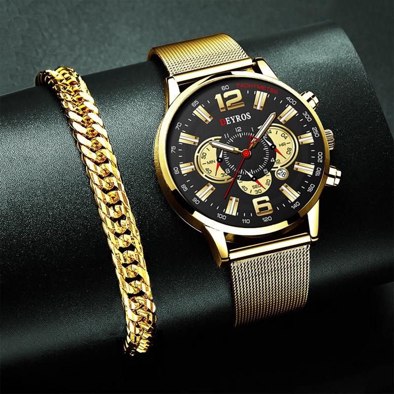 

Wristwatches Luxury Business Men Watches Stainless Steel Mesh Belt Quartz Wrist Watch Calendar Male Fashion Luminous Clock Gold Bracelet, As shown 6