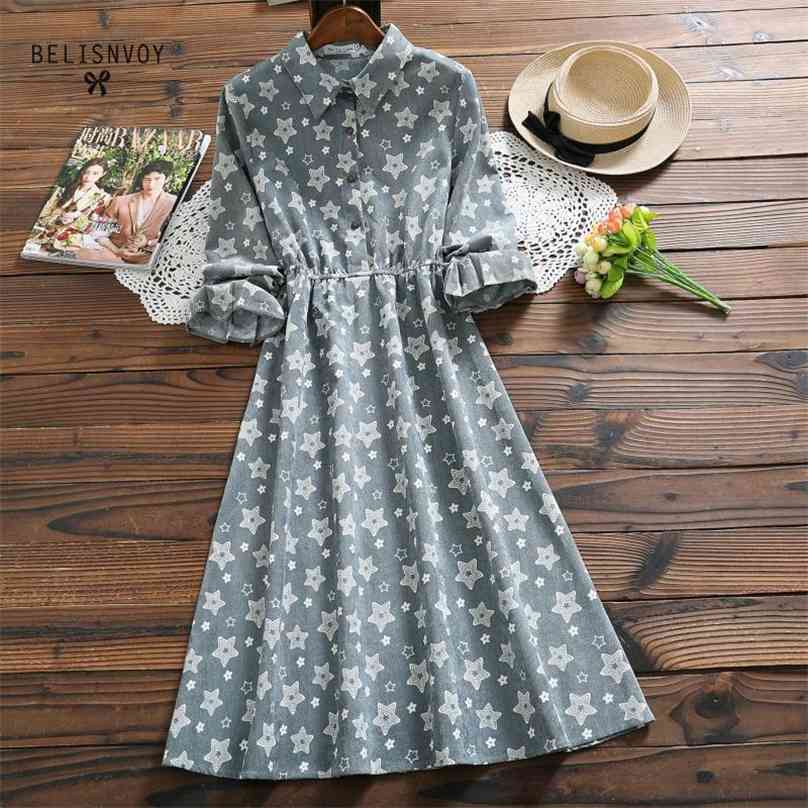 

Mori Girl Autumn Spring Women Corduroy Dress Turn-down Collar Green Casual Vestidos Femininos Elegant Vintage Kawaii Midi 210520, Gray