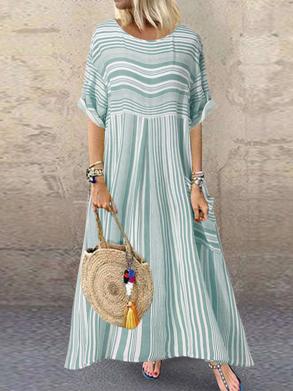 

stripe Casual short Dresses sleeve crew neck pocket dress long, Khaki